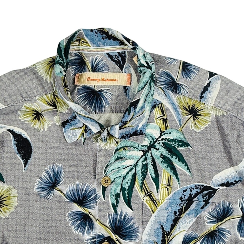 Tommy Bahama Silk Tropical Palm Bamboo Camp Shirt Grey Mens Medium